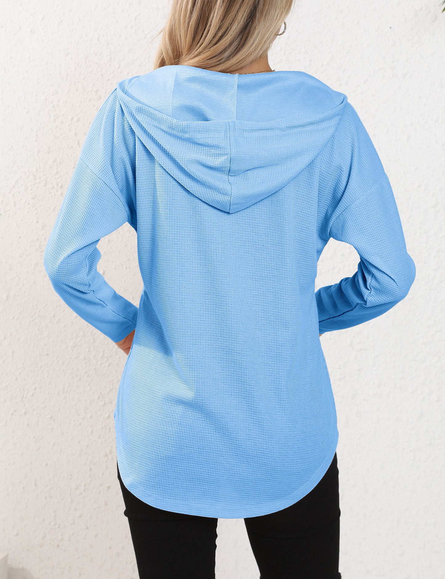 morhuduck Women's V Neck Hoodies Long Sleeve Sweatshirt Drawstring Pullover Tops with Pocket, Blue