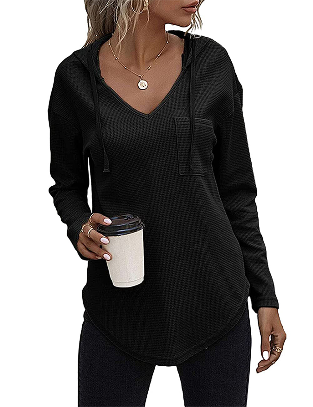 Women's hooded long sleeve v 2024 neck sweater