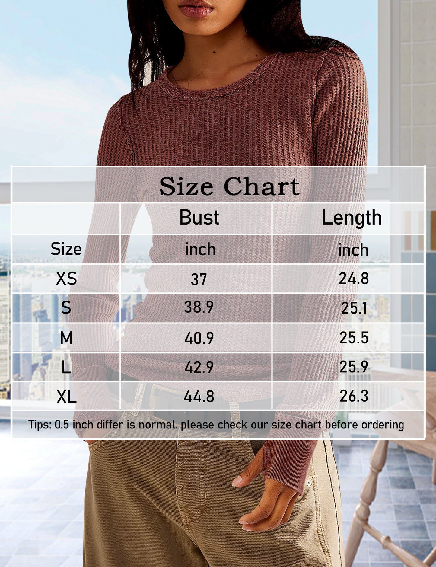 Women's Waffle Knit Tops Long Sleeve Shirts Casual Slim Fitted Crew Neck Pullover Shirts