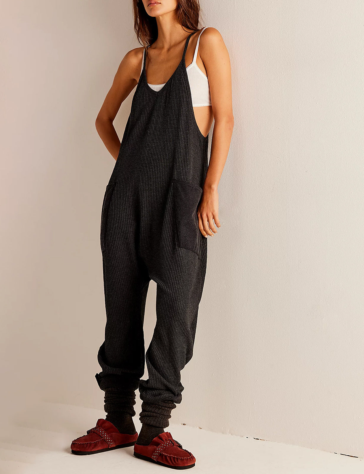 Women's Sleeveless Jumpsuits Casual Waffle Knit Rompers V Neck Loose Overalls Spaghetti Strap One Piece Jumpsuits