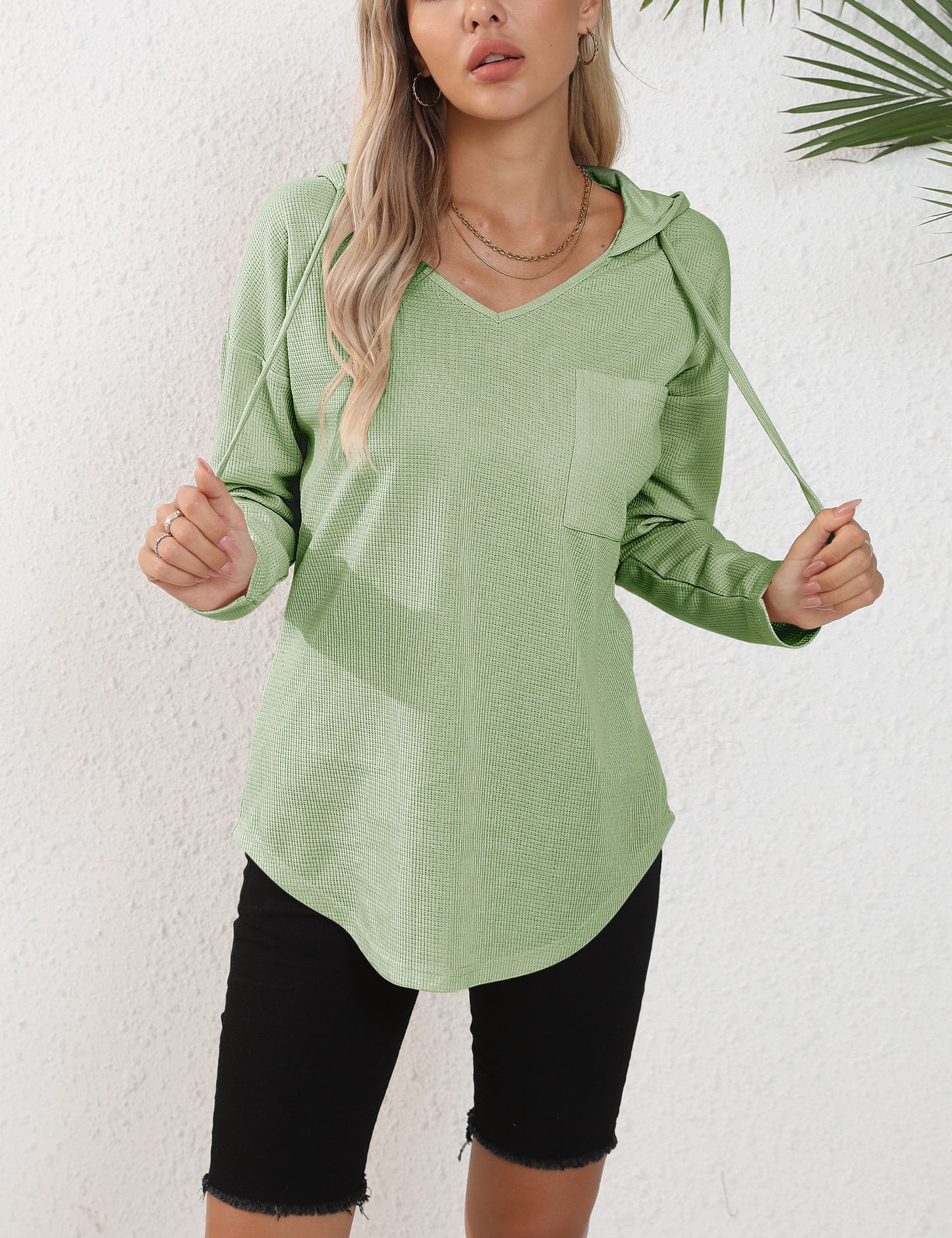 morhuduck Women's V Neck Hoodies Long Sleeve Sweatshirt Drawstring Pullover Tops with Pocket, Mint Green