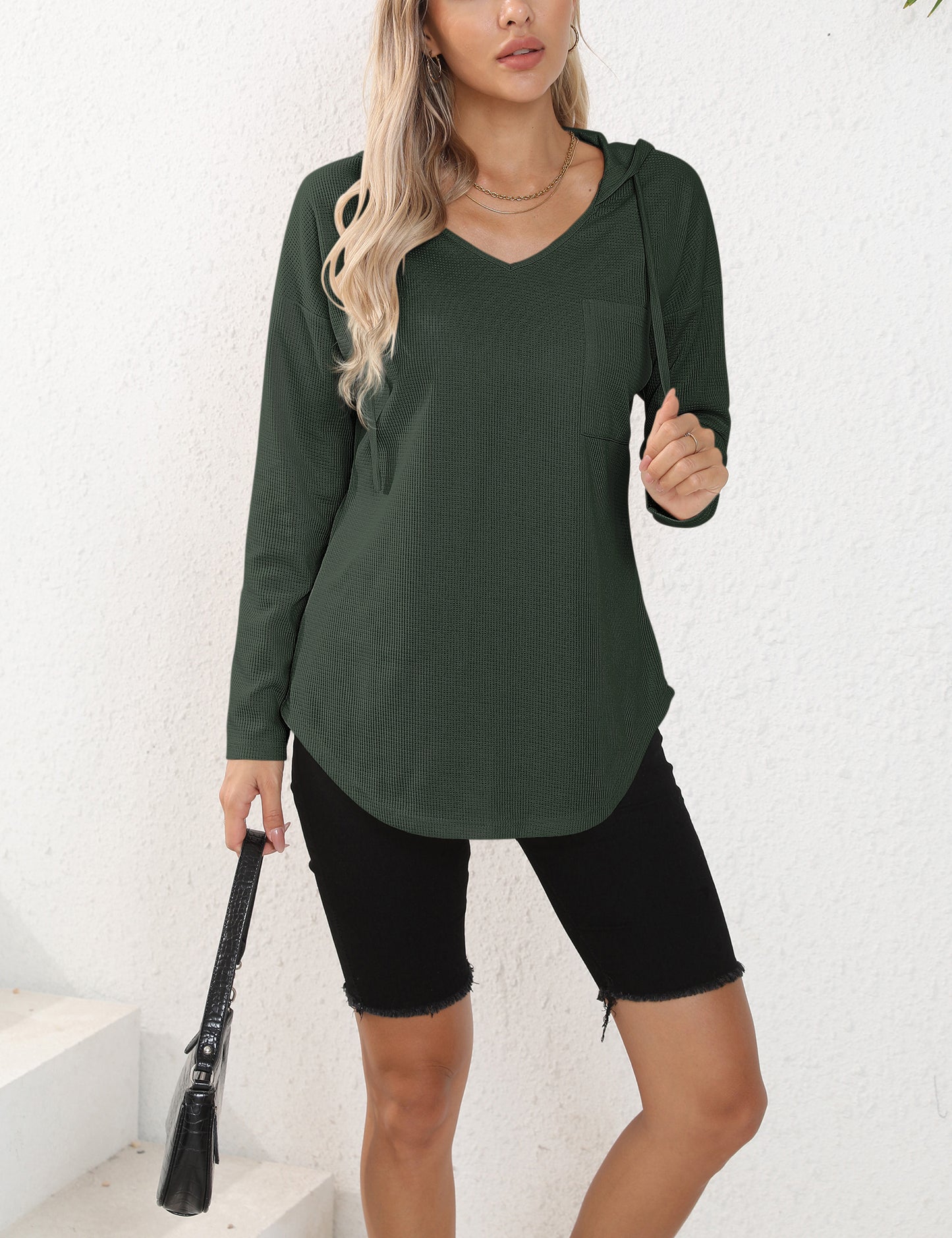 morhuduck Women's V Neck Hoodies Long Sleeve Sweatshirt Drawstring Pullover Tops with Pocket, Army Green