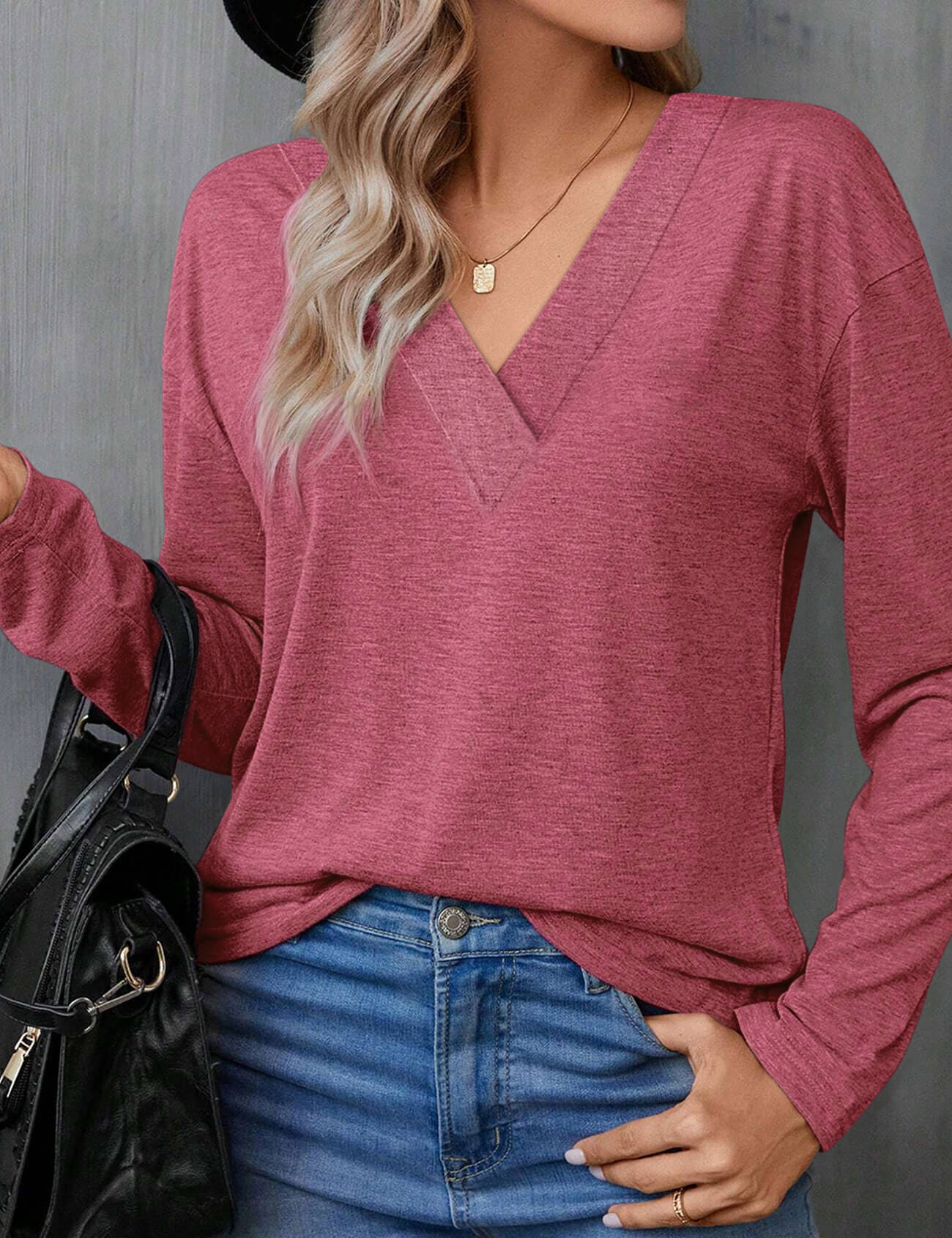 Long Sleeve Shirts for Women Loose Fit V Neck Casual Tops Solid Color Basic Tees Fall Trendy Outfits