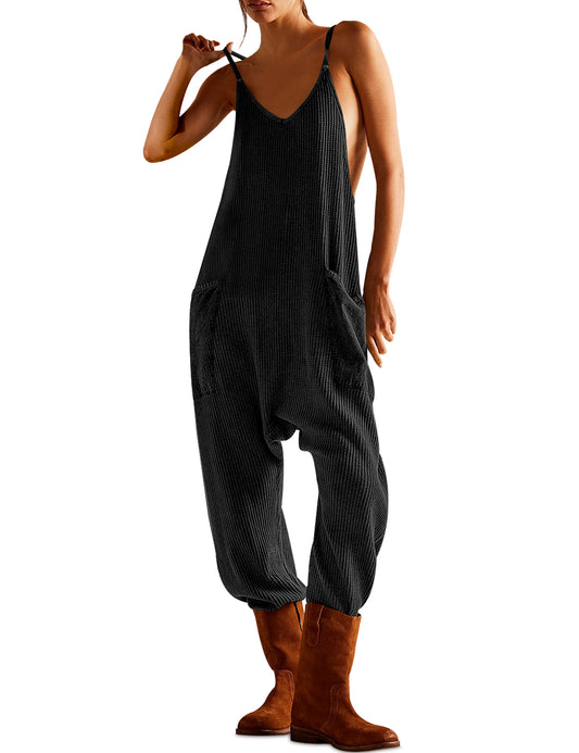 Women's Sleeveless Jumpsuits Casual Waffle Knit Rompers V Neck Loose Overalls Spaghetti Strap One Piece Jumpsuits