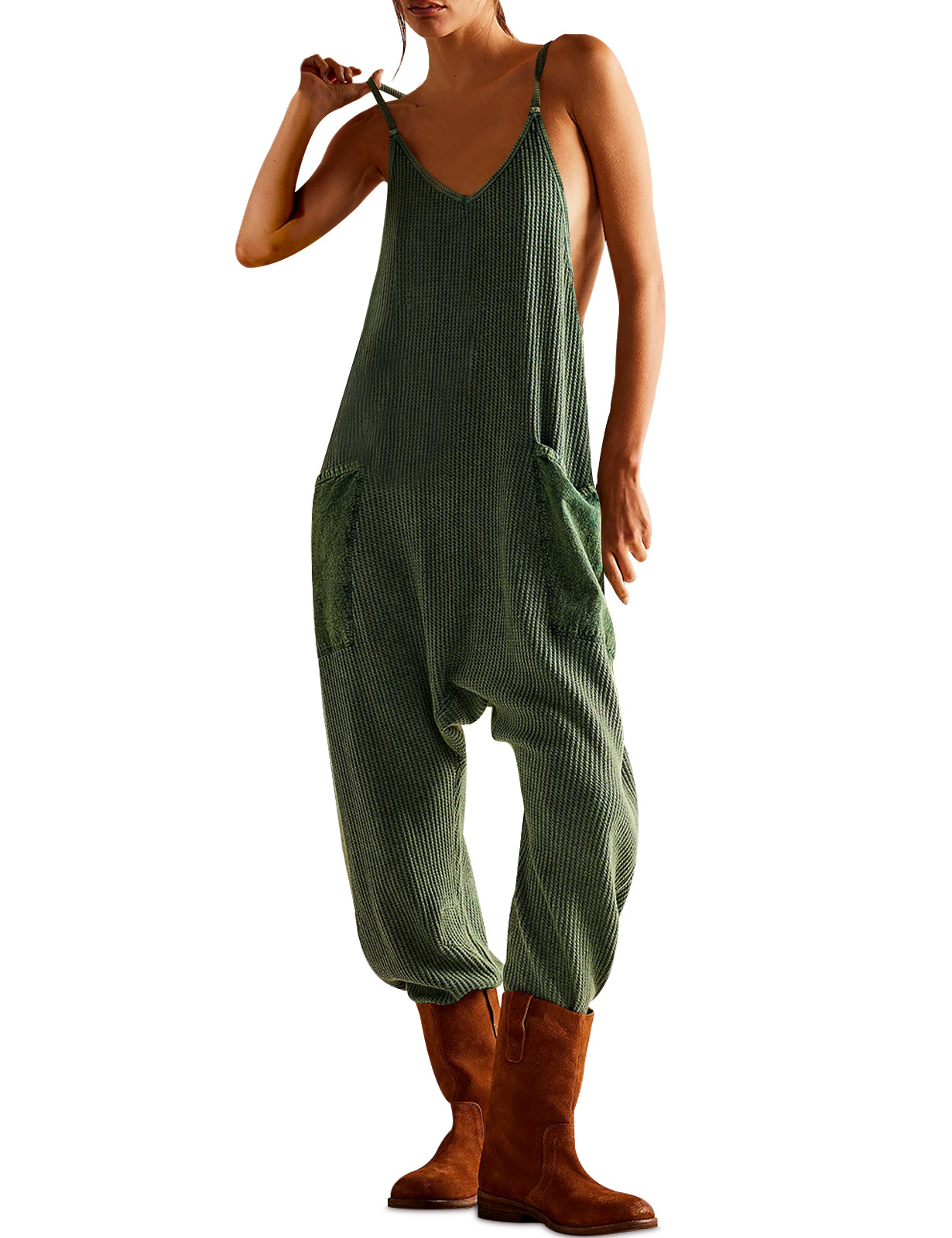 Women's Sleeveless Jumpsuits Casual Waffle Knit Rompers V Neck Loose Overalls Spaghetti Strap One Piece Jumpsuits