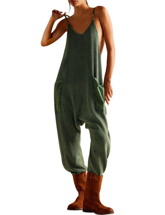 Women's Sleeveless Jumpsuits Casual Waffle Knit Rompers V Neck Loose Overalls Spaghetti Strap One Piece Jumpsuits