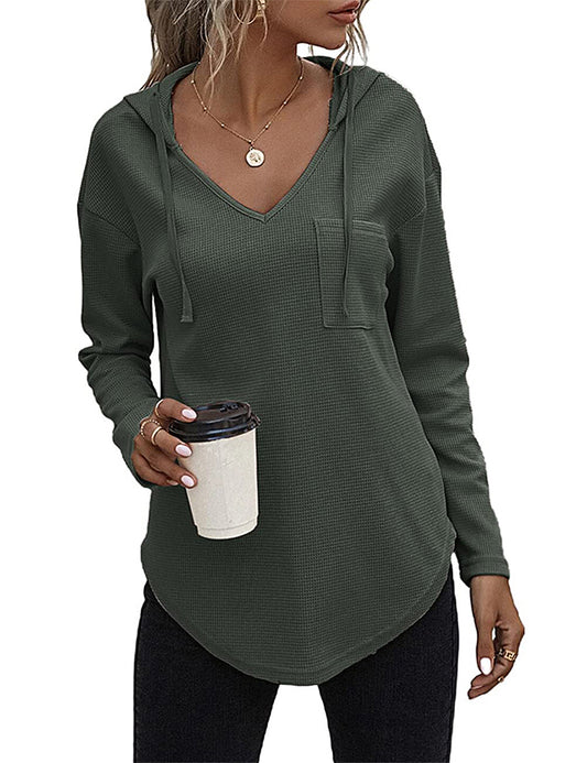 morhuduck Women's V Neck Hoodies Long Sleeve Sweatshirt Drawstring Pullover Tops with Pocket, Army Green