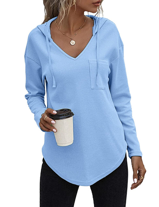 morhuduck Women's V Neck Hoodies Long Sleeve Sweatshirt Drawstring Pullover Tops with Pocket, Blue