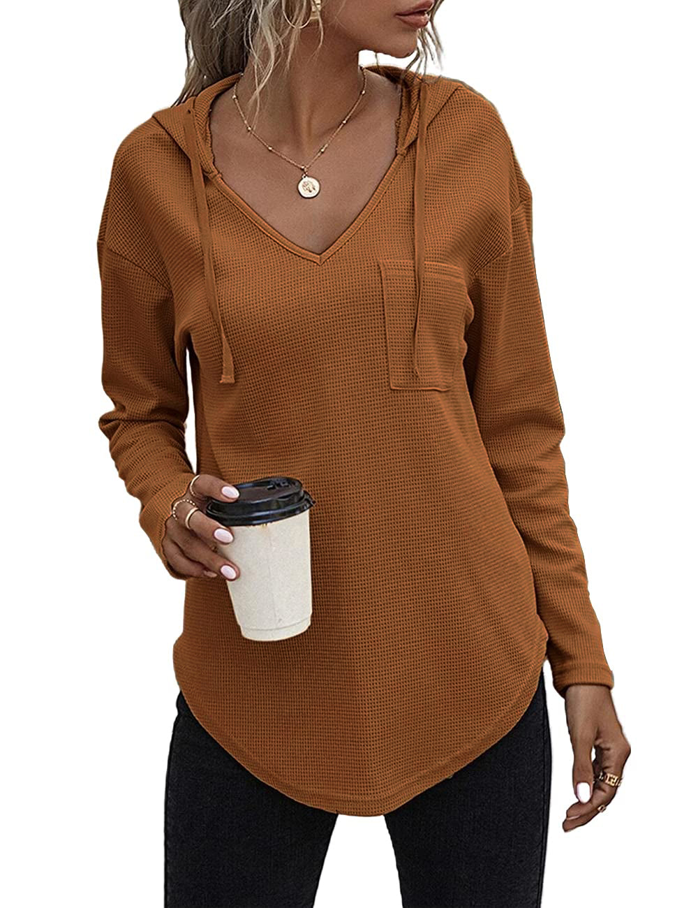 morhuduck Women's V Neck Hoodies Long Sleeve Sweatshirt Drawstring Pullover Tops with Pocket, Camel