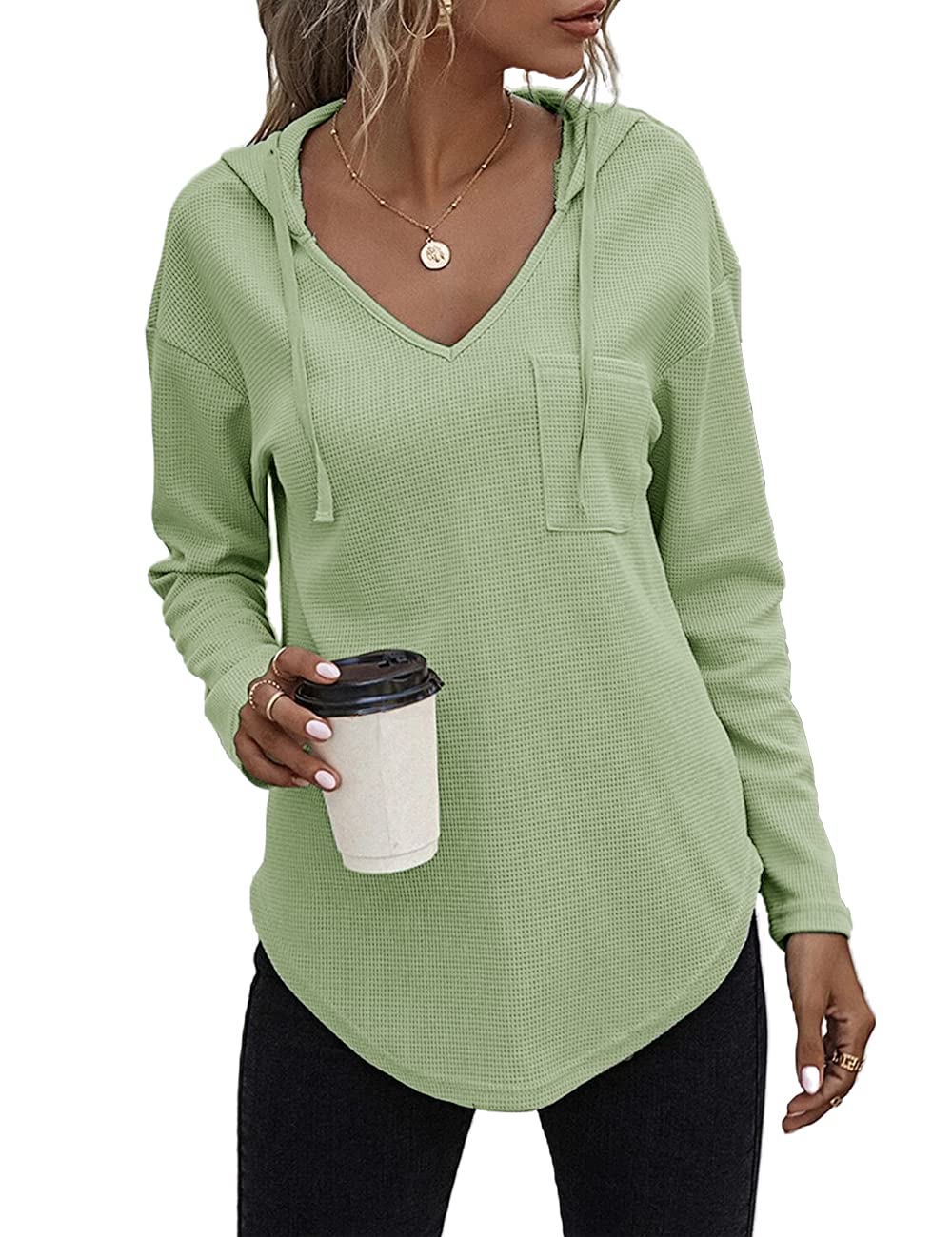 morhuduck Women's V Neck Hoodies Long Sleeve Sweatshirt Drawstring Pullover Tops with Pocket, Mint Green