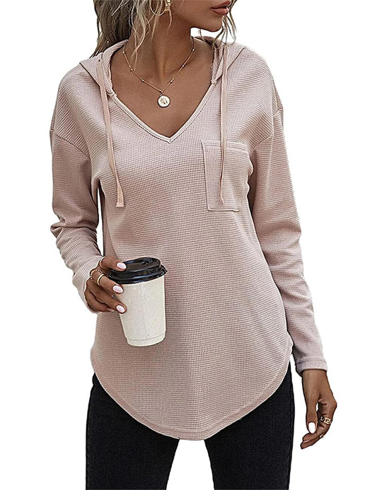 morhuduck Women's V Neck Hoodies Long Sleeve Sweatshirt Drawstring Pullover Tops with Pocket, Apricot